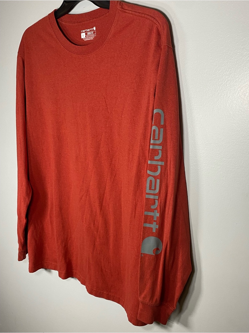 Carhartt Long Sleeve Crewneck Shirt in Rust Orange with Sleeve Logo